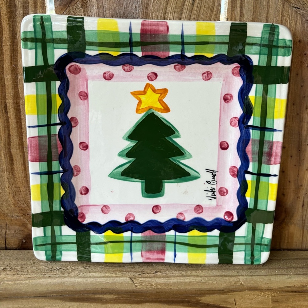 Vtg Vicki Carroll Hand Painted Tis the Season Christmas Tree Salad Plate 8 3/8”